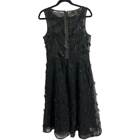 RICKIE FREEMAN TERI JON Dress Tea Length Sequins 3D Floral Appliques Black 12 - Picture 2 of 16